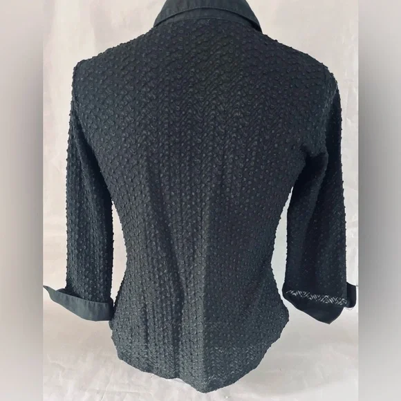 Black Textured Crinkle Full Zip Top Size Small S stretch w Collar 3/4 “ Sleeve - Picture 8 of 13